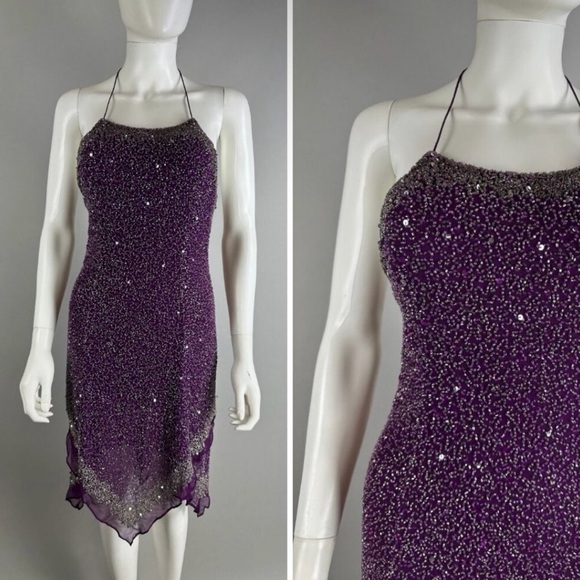 Vtg 80s Scala Purple Beaded Sequin Handkerchief Strappy Dress Silk Size Medium - Picture 1 of 4